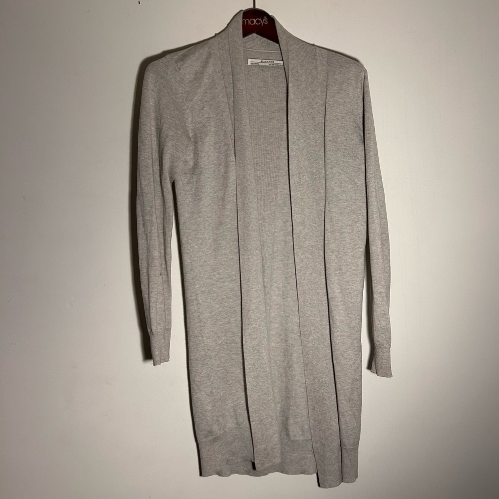 Allsaints Sago Silk Blend Open Front Cardigan Sweater In Gray Size 6